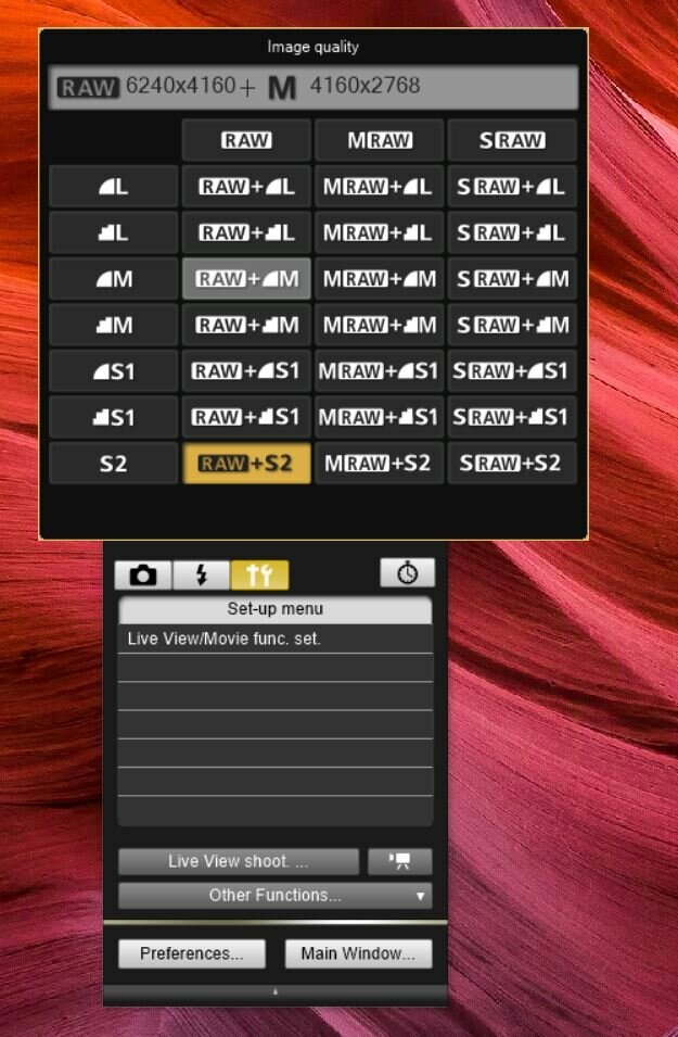 EOS Utility - Remote Shooting Image Size